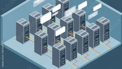 Isometric illustration of multiple computer servers in a data center with network connections.