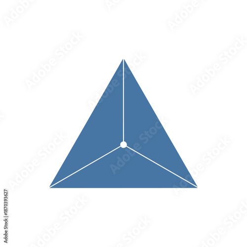 Abstract geometric tetrahedron, a three-dimensional blue pyramid shape with a central point, symbolizing stability, structure, and foundational concepts in minimalist graphic design
