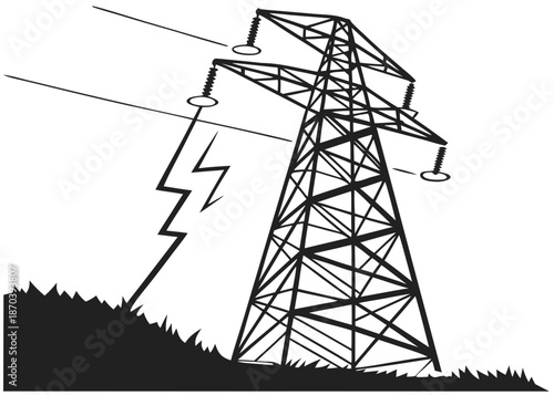 High voltage transmission tower with lightning bolt striking in a black and white graphic illustration  Transparent Background