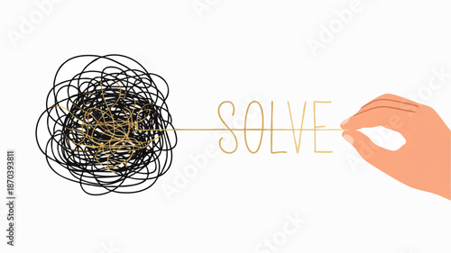 Hand untangling chaos into word SOLVE, problem solving concept illustration on transparent background, minimal linear design