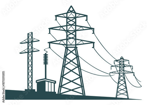Large transmission tower with electrical power lines standing on a grassy terrain silhouette