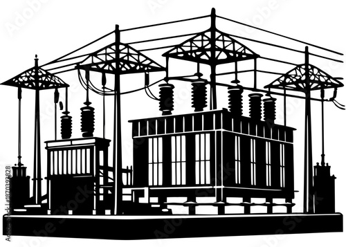 Power grid infrastructure with transmission towers, substation, and utility poles delivering electricity