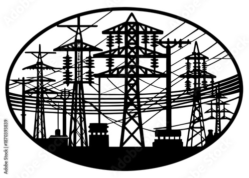 Power transmission grid silhouette showcasing electricity pylons and intricate power lines within an oval frame