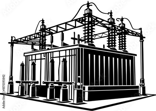 Power grid infrastructure with transmission towers, substation, and utility poles delivering electricity