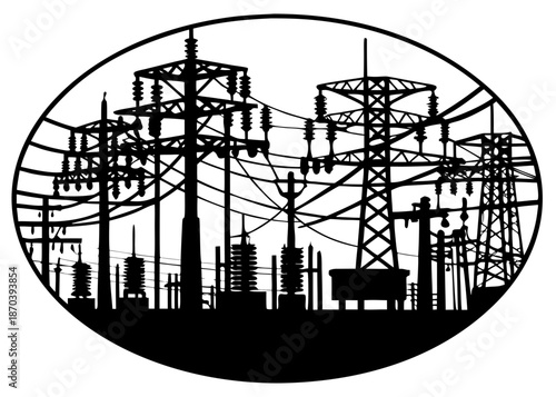Power transmission grid silhouette showcasing electricity pylons and intricate power lines within an oval frame