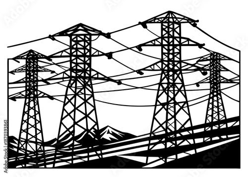 Power transmission grid silhouette showcasing electricity pylons and intricate power lines