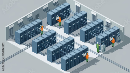 Data center server room with technicians working on equipment.