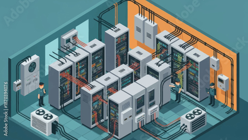 Isometric illustration of data center infrastructure with servers and networking equipment.