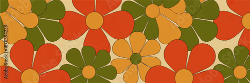 Retro floral seamless pattern with bold orange green red daisies, playful 70s flower power background for textile wallpaper and decor