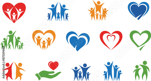Colorful family love icons set representing care unity community support parenting charity healthcare flat vector illustration branding concept design 