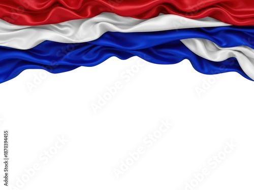 Waving fabric border in red white and blue colors resembling a flag draped across the top edge isolated on transparent background