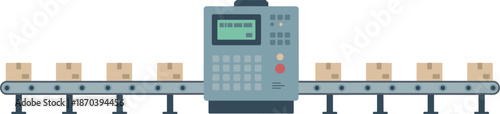 Automated conveyor belt system illustration with packaging boxes production line factory logistics industrial automation vector technology control machine process equipment