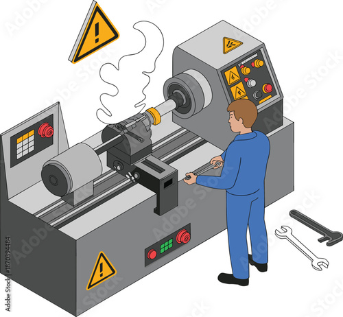 CNC lathe machine safety illustration with operator machining metal part industrial manufacturing equipment warning signs vector factory engineering technology process