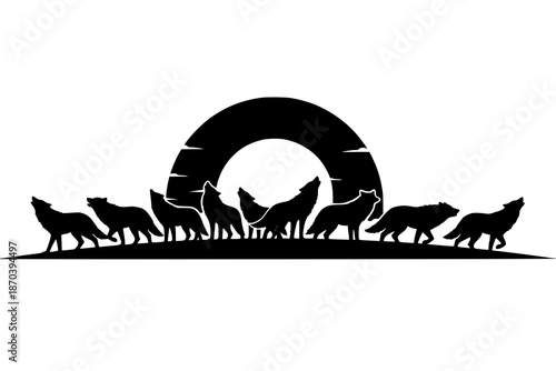 Silhouette of wolf pack howling at the moon