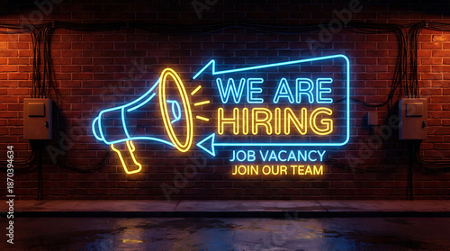 We are hiring sign with a megaphone graphic illuminated in blue neon lights against a dark backdrop for employment opportunities