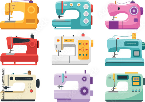 Colorful sewing machine illustration set featuring modern vintage tailoring equipment for fashion design textile craft production workshops