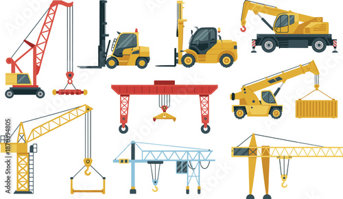 Construction lifting machinery illustration set featuring cranes forklifts gantry hoists industrial heavy equipment flat vector engineering design collection icons assets
