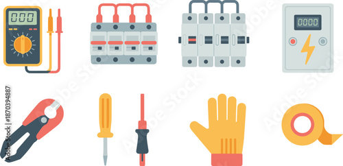 Electrical tools and safety equipment flat vector illustration set featuring multimeter breakers gloves screwdrivers pliers tape for professional electricians