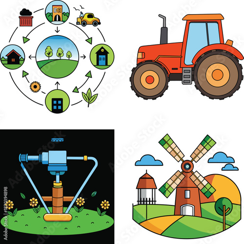 WebSustainable Farming and Rural Agriculture Icon Set Featuring Eco Cycle Agriculture Diagram, Modern Farm Tractor, Irrigation Water Sprinkler System, and Traditional Windmill Landscape Illustrating G