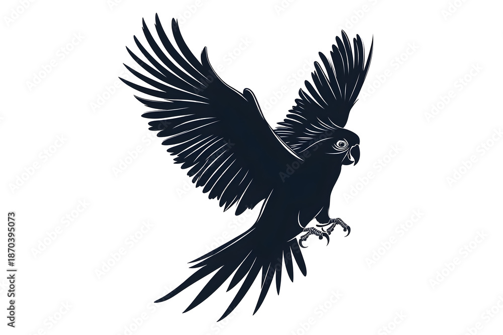 Obraz premium Soaring Silhouette: A striking silhouette of a majestic parrot, captured mid-flight, embodies freedom and grace. This image captures the essence of the avian world in a minimalist, artistic way.