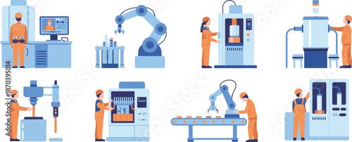 Industrial automation manufacturing illustration with factory workers operating CNC machines robotic arms smart production technology vector design