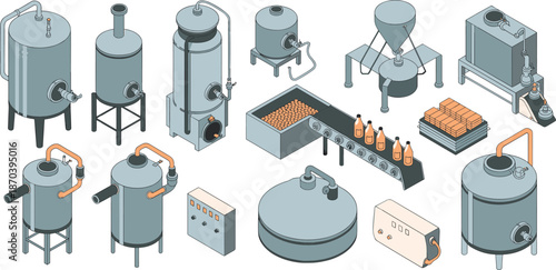 Food processing plant equipment vector illustration with tanks pipelines conveyors bottling machines for industrial beverage manufacturing production workflow system design