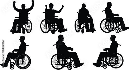 Wheelchair user silhouette vector set showing active mobility, independence and different movement poses for disability awareness and inclusive design projects.