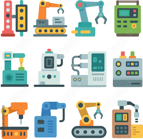 Industrial automation robots flat vector illustration set, smart factory machines icons, modern manufacturing technology equipment collection design for web apps