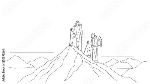 Two hikers reaching the summit of a mountain on a clear day