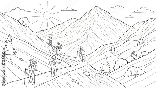 Scenic Mountain Trails Group of Hikers Enjoying a Sunny Outdoor Adventure in Nature