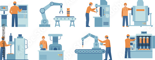 Industrial factory automation illustration featuring workers operating CNC machines robotic arms production equipment modern manufacturing process vector