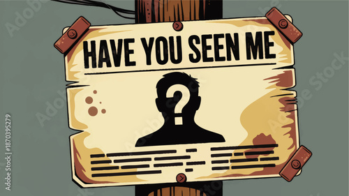 Vintage missing person poster illustration with question mark silhouette, old paper texture and weathered lost notice on wooden pole