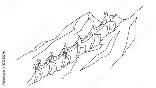 Group of climbers demonstrating teamwork and mutual support on a challenging mountain ascent