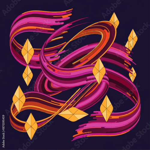 Vibrant abstract flowing ribbons with geometric diamonds on dark background, dynamic gradient waves, modern colorful digital art
