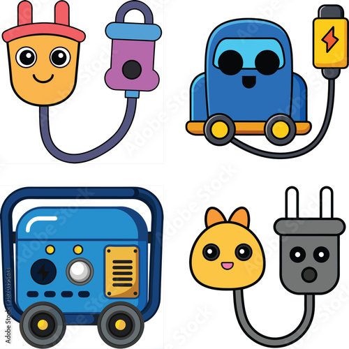 WebCute Electric Power and Charging Equipment Icon Set Featuring Smiling Plug and Socket Characters, Portable Generator Illustration, Electric Cable Connector, and Cartoon Power Supply Devices on Whit