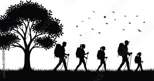 Family hiking silhouette group walking under tree with backpacks birds nature outdoor adventure travel black vector illustration design scenic landscape