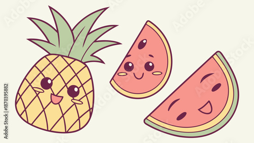 Colorful cartoon pineapple and watermelon slices with smiling faces