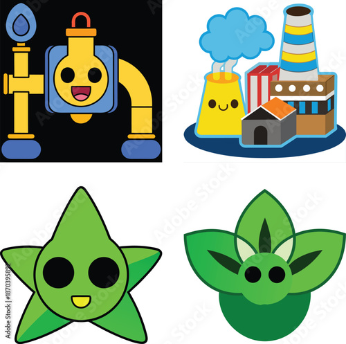 WebCute Energy and Environment Icon Set Featuring Cartoon Gas Pipeline System, Power Plant and Factory Illustration, Smiling Green Eco Star Symbol, and Friendly Plant Leaf Character Representing Susta