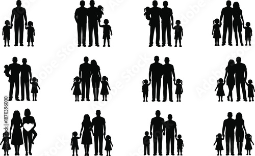 Family silhouettes set showing diverse parents and children standing together love unity community lifestyle isolated black vector illustration collection