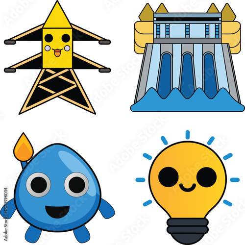 WebCute Energy and Power Generation Icon Set Featuring Cartoon Electricity Transmission Tower, Hydroelectric Dam Illustration, Smiling Water Drop with Flame Symbol, and Friendly Light Bulb Character R