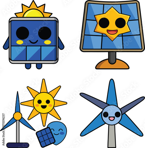 WebCute Renewable Energy Icon Set Featuring Smiling Solar Battery Storage Character, Solar Panel with Sun Face, Wind Turbine and Solar Power Combination Illustration, and Friendly Wind Energy Turbine 