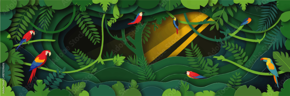 Fototapeta premium Colorful parrots and toucan in lush tropical jungle foliage, vibrant rainforest wildlife background, exotic nature paper cut illustration
