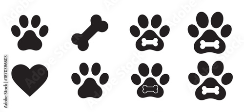 Vector set of dog paw prints, bone and heart icons. Minimalist black silhouettes for pet care, veterinary clinic branding, and animal love designs. Isolated on white background.