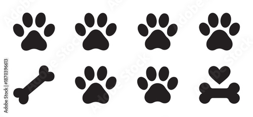 Vector set of dog paw prints, bone and heart icons. Minimalist black silhouettes for pet care, veterinary clinic branding, and animal love designs. Isolated on white background.