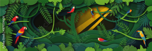 Colorful parrots and toucan in lush tropical jungle foliage, vibrant rainforest wildlife background, exotic nature paper cut illustration