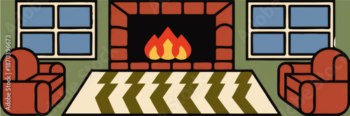 Cozy living room with fireplace, armchairs and zigzag rug, flat vector illustration of warm home interior design