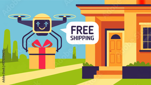 Cute delivery drone with gift box and free shipping message flying to suburban house, flat vector illustration for ecommerce and logistics
