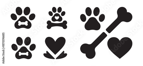 Vector set of creative dog paw print, bone and heart icons. Minimalist black silhouettes and graphic symbols for pet care branding, animal love, veterinary clinic, and puppy accessories. Isolated on w