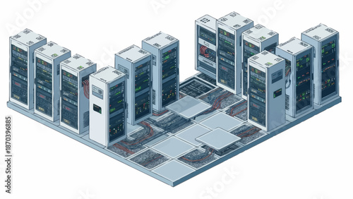 Data center server racks with networking equipment and infrastructure.