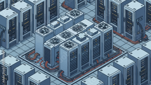 Isometric illustration of a data center with multiple server racks and cooling systems.